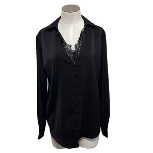 Rachel Zoe Womens Silky Black Lace Button Up Long Sleeve Shirt Sz M